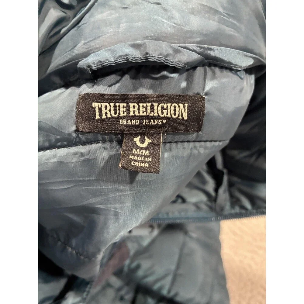True Religion Jacket Mens Medium Blue Puffer Quilted Insulated Full Zip Logo